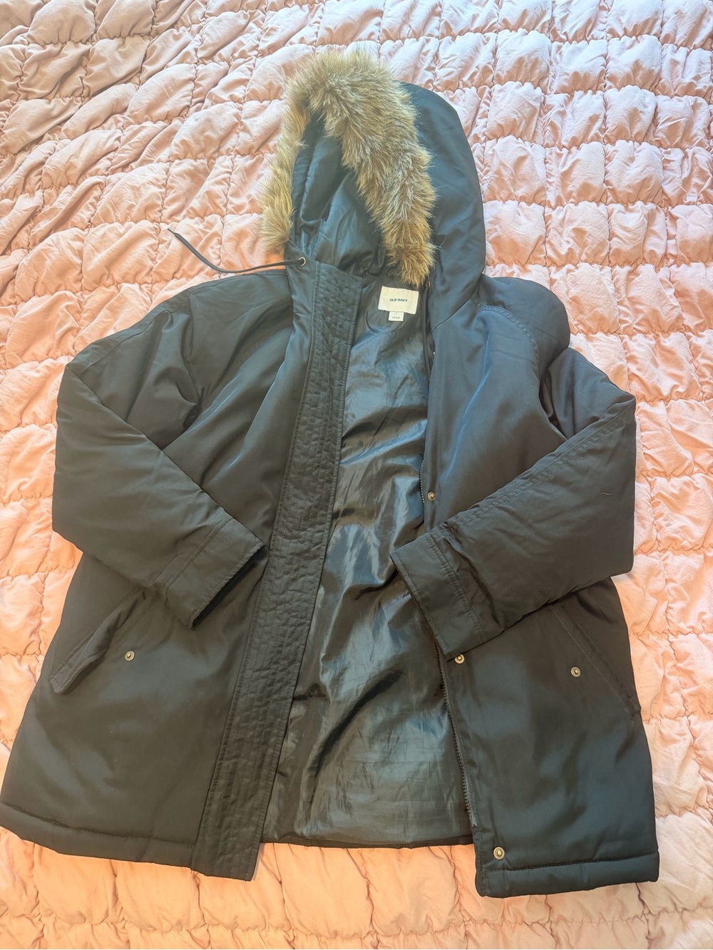 Old Navy Black Puffer Coat with Faux Fur Trim
